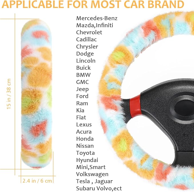 Accmor Fuzzy Car Steering Wheel Cover, Universal Fluffy Auto Wheel Cover & Handbrake Cover & Gear Shift Cover Set, Soft Warm Steering Wheel Protector Car Accessories for Men Women Girls, Colorful - Image 2