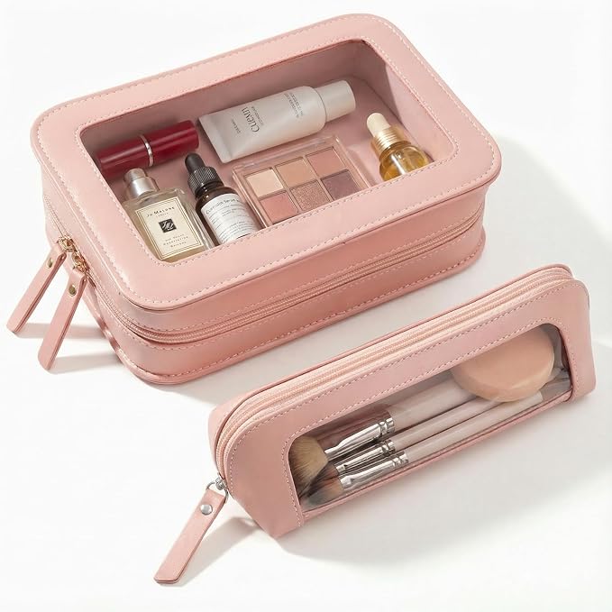 2Pack Clear Makeup Bags Set, Clear Pencil Case Pouch,Portable Leather Travel Toiletry Bag Pink Car Accessories for Women by LETGO