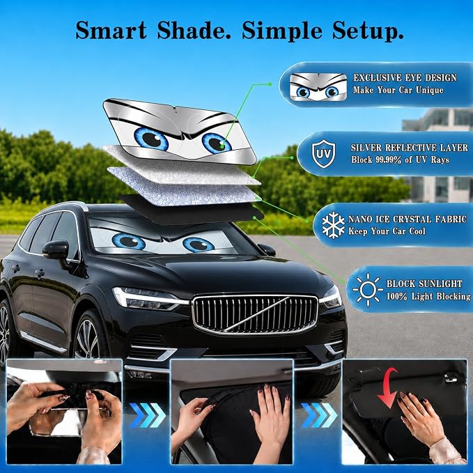 Car Windshield Sun Shade, Universal Fit Midsized Sedan SUV, Sporty Silver | 61 x 31.5" Windshield Cover, Foldable Front Window Sunshade, UV Heat Protection, Cute Eyes Series - Image 4