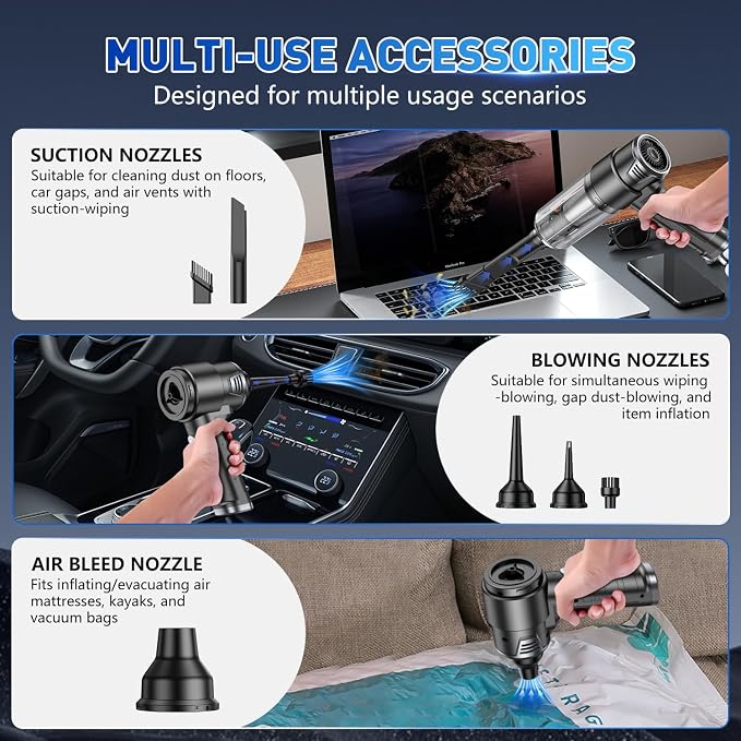 KMM Handheld Car Vacuum Cleaner, 10000PA Hand Held Vacuum & Air Duster | Strong Suction, Cordless, 120W High Power, Portable, Multi-Nozzles & LED Light, for Home, Car, Office - Image 5