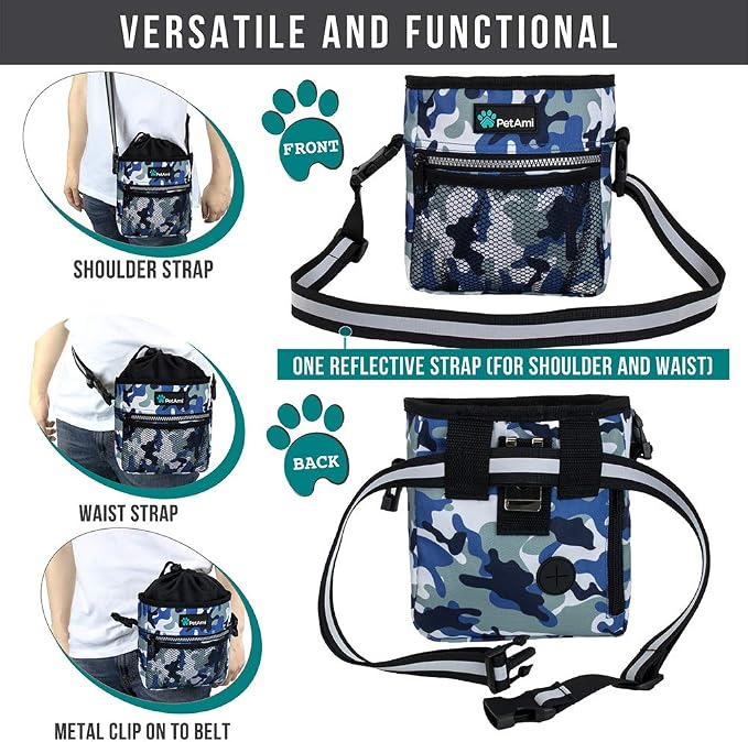 PetAmi Dog Treat Pouch, Pet Treat Pouch for Training, Dog Walking Bag Holder for Kibbles, Pet Food Toy, Dog Trainer Essentials Supplies, Poop Bag Dispenser, 3 Ways to Wear (Camo Blue) - Image 4