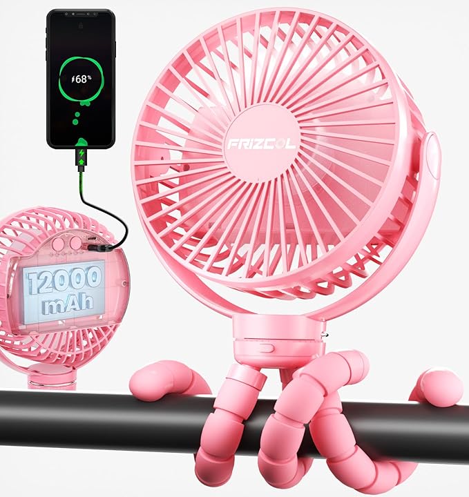 FRIZCOL 12000mAh Portable Stroller Fan, Use As Power Bank, 65H Battery Operated Fan Flexible Tripod Clip On Fans, Detachable Personal Handheld Baby Fans for Stroller, Car seat, Desk, Treadmill（Pink） by FollowUsGetMoreInfoNow
