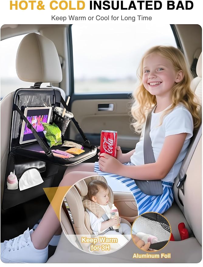 2-Pack Leather Car Backseat Organizer with Tablet Holder–Foldable Food Tray,Storage Pockets,Trash Can,Tissue Holder & Insulated Bag–Kick Mats Protector for Kids,Travel Accessories Organizer - Image 5