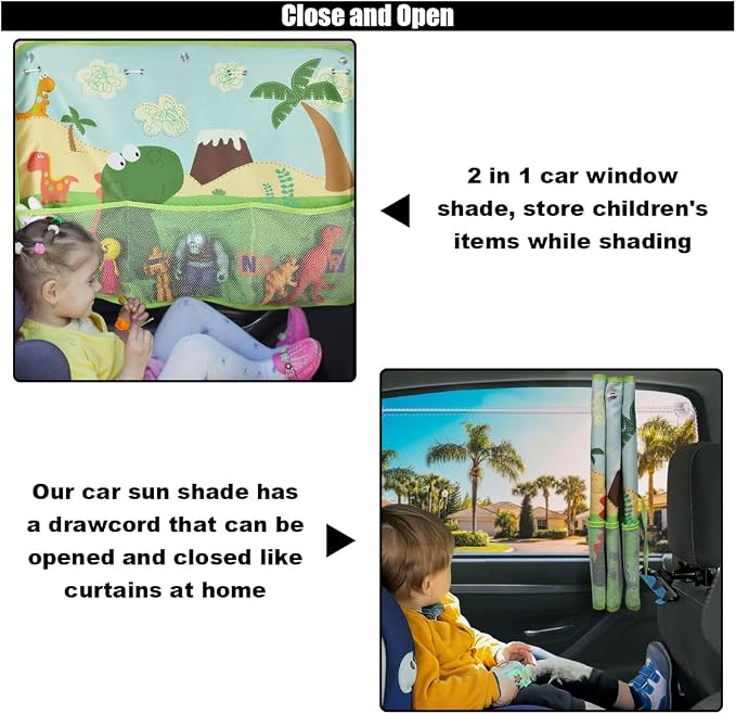 GLSOWEE Car Window Shade for Baby, Blackout Car Window Curtain, Dinosaurs | Storage Pockets & 7 Suction Cups, Cartoon Pattern Car Side Window Sun Shade Cover for Sun/Heat/UV Rays Protection, Green - Image 5