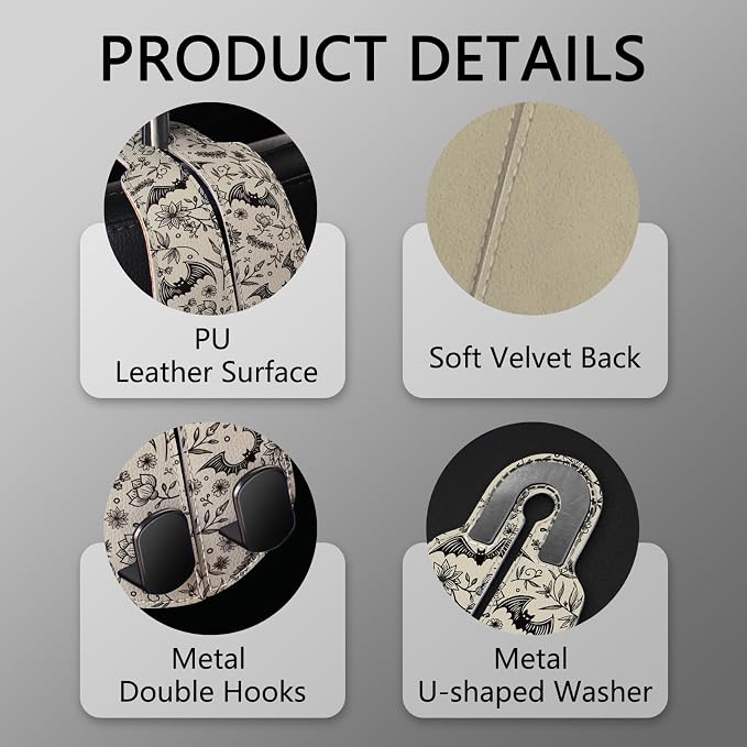 Blusabaca 2PCS Car Seat Headrest Hooks, Purses Bags Holder, Goth Bats | PU Leather, Double Metal Back Storage Hangers for Grocery Bags Handbags Bottles Coats Phones, Car Accessories Organization - Image 4