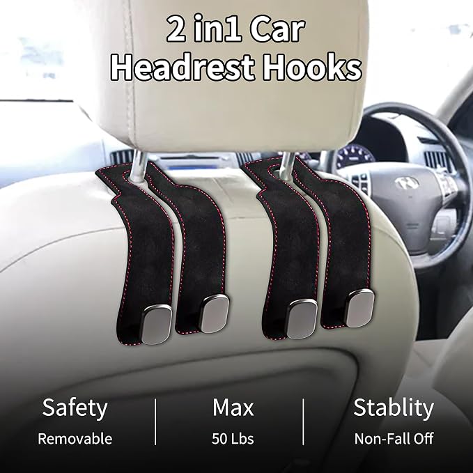 Suede Leather Headrest Hooks for Car, 2 Pack Double Seat Back Organizer Hooks for Purses & Bags, Heavy Duty Metal Car Purse Holder for Handbags, Grocery Bags, Universal Vehicle Storage Accessories - Image 3