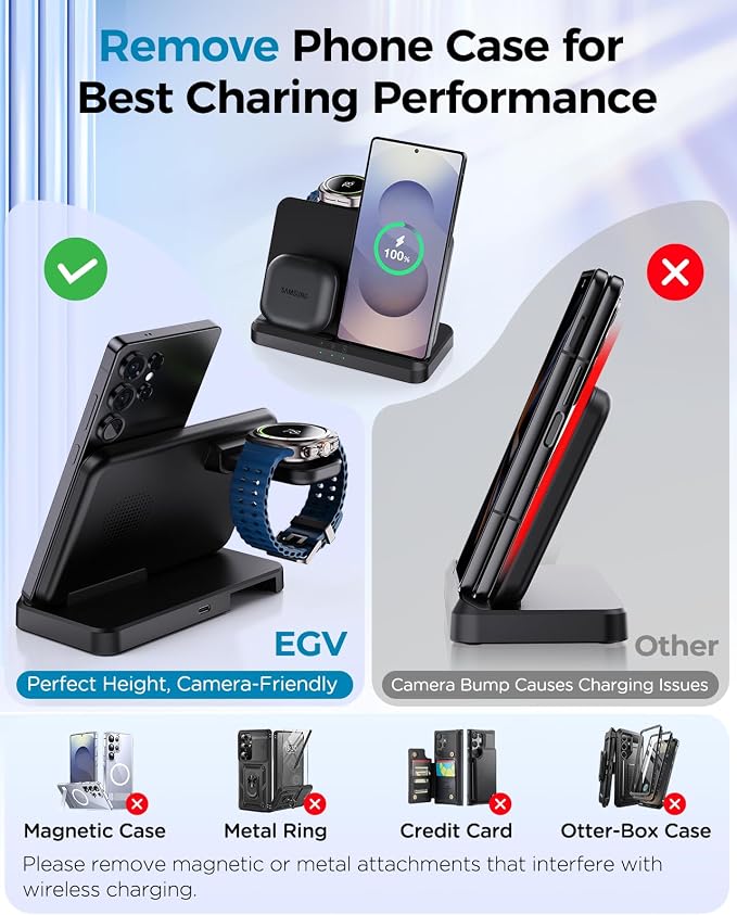 3 in 1 Wireless Charger Station for Galaxy S26 Ultra S25 S24, Foldable | Fast Charging for Z Fold Flip 7/6, Detachable Watch Charger for Galaxy Ultra 8/7/6, Compact & Portable, No Adapter, Black - Image 2
