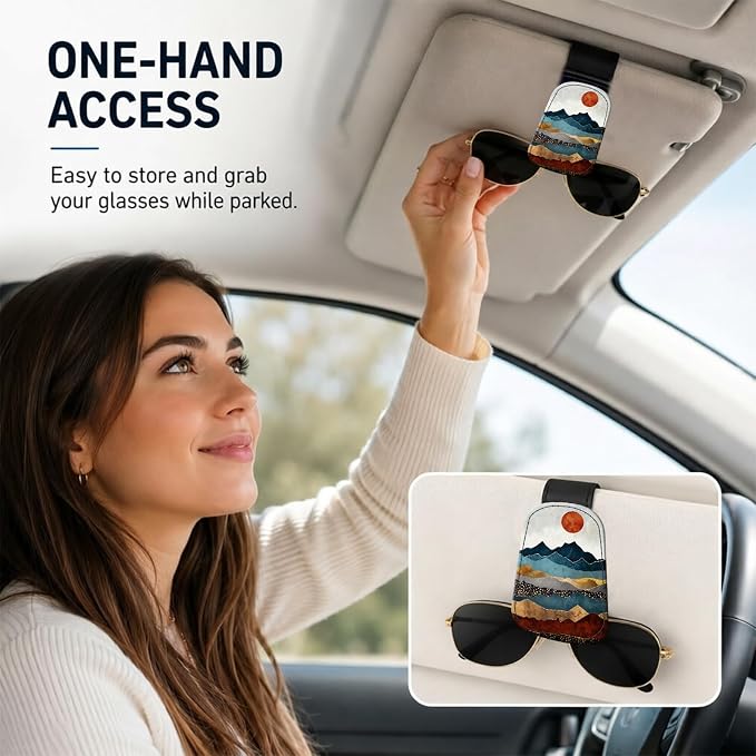 Leather Magnetic Sunglass Holder for Car Sun Visor, Cute Eyeglass Ticket Card Hanger Clip, Universal Auto Interior Accessories for SUV Pickup Truck, Sunset Mountain - Image 2