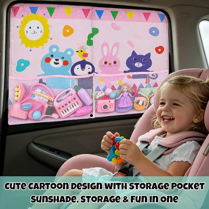 Car Window Shades for Baby, 2 Pack Magnetic Double Layer Car Sun Shade Baby with Storage Pockets, Adjustable Privacy Full & Half Shade Cartoon Pattern Window Curtains for Kids UV Protection - Image 2