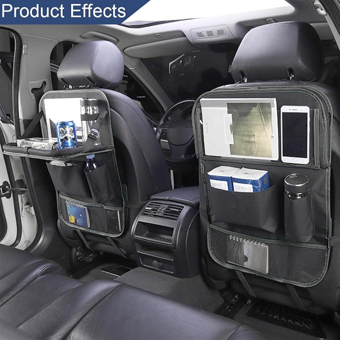 Car Backseat Organizer with Foldable Table Tray, 6 Storage Pocket Vehicle Seat Back Protector Kick Mat with Touch Screen Phone Holder, Auto Seat Organizer for Travel, Universal Fit (Black) - Image 3