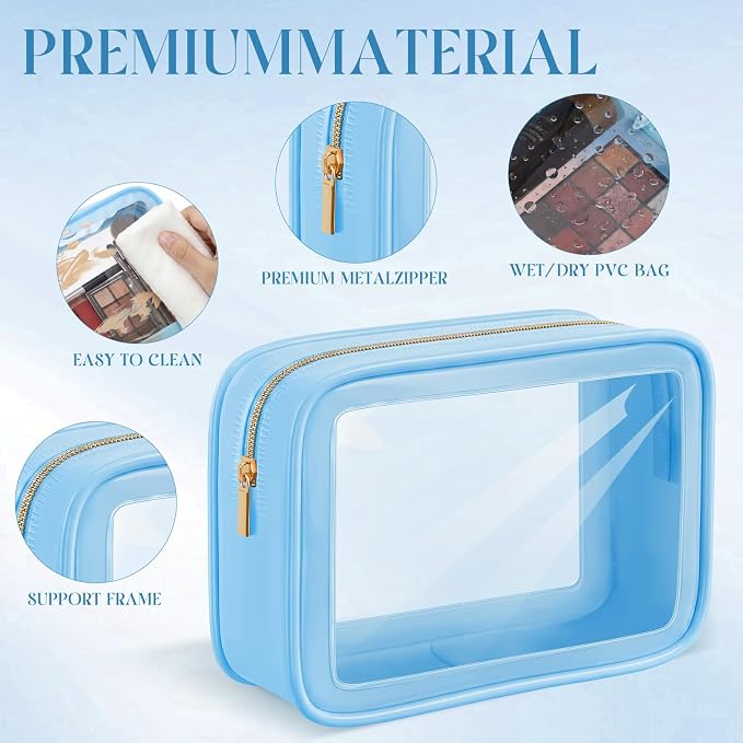 Hsei 6 Pcs Clear Makeup Bags Diaper Bag Organizer Travel Toiletry Bags with Zipper Clear Cosmetic Organizer Car Storage Pouch Bridesmaid Gift for Women Beach Vacation (Blue) - Image 3
