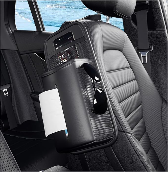 Car Tissue Holder, Seat Side Hanging Bag Rectangle Tissue Box Cover with Mesh Net Pockets, Leather Front Seat Side Tissue Dispenser for 100 Count Napkin, Phone, Coins by Unknown