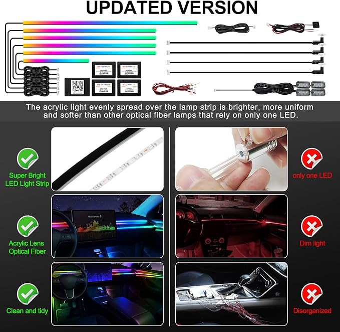 Dreamcolor Acrylic Interior Car LED Strip Light with Wireless APP, RGB 14 in 1 with 175 inches 593 LEDs Fiber Optic Ambient Lighting Kits, 16 Million Colors Sound Active Function Car Neon Lights - Image 6