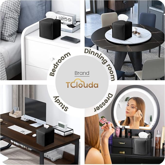 Tissue Box Cover, Tclouda, Modern PU Leather Square Tissue Box Holder for Creative Decorative, Ideal for Bathrooms/Office/Car/Nightstand/Outdoor Tent/Dining Table, 5"X5"X5", Single Black - Image 4