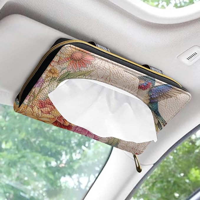 Biyejit 2 Pack Car Tissue Holder, Hummingbirds Flowers Sun Visor Napkin Holder, PU Leather Backseat Tissue case Holder for Vehicle - Image 2