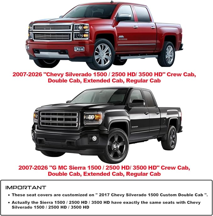 Chevy Silverado GMC Sierra 2 Front Seat Covers 2007-2026 1500 2500HD 3500HD | Aierxuan Custom Fit 3500HD Truck Pickup Crew Double Extended Cab Waterproof Leather Protectors Black - Image 6