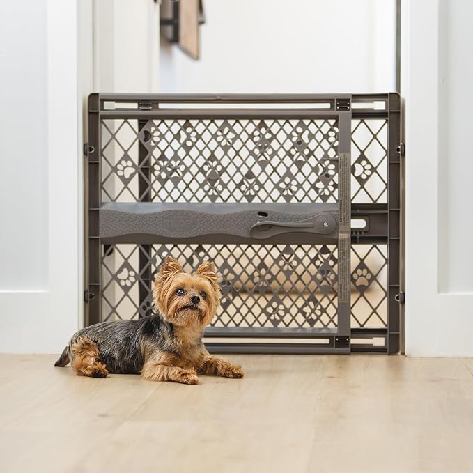 MYPET Paws Portable Pet Gate: 26-40" Wide Expandable, Pressure Mounted No Tools Needed, Durable Dog Gate for Doorways, Made in USA, 23" Tall, Fieldstone Gray by NorthStatesMyPet