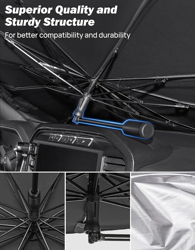 JOYTUTUS Windshield Sun Shade Umbrella, Upgraded 360° Rotation Bendable Shaft Handle, Foldable for Mini Car/Hatchback, Automotive Interior Sun Protection, UV Rays Block, 51''x 29'' - Image 4