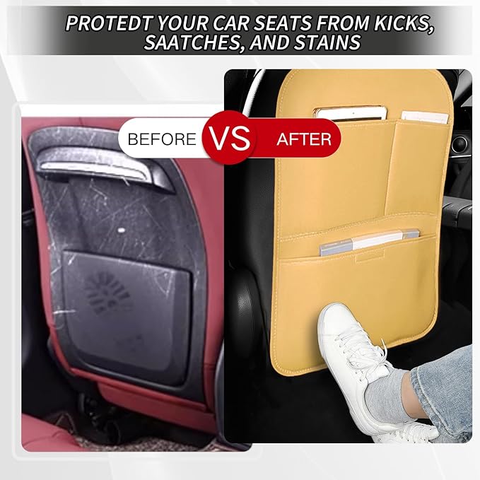 Kick Mat Back Seat Protector， Waterproof Leather Car Seat Back Organizers Cover with 3 Storage Pockets for Kids Pets SUV Sedan Minivan Truck Car Travel Accessories (Cayenne Yellow 2-pack) - Image 6