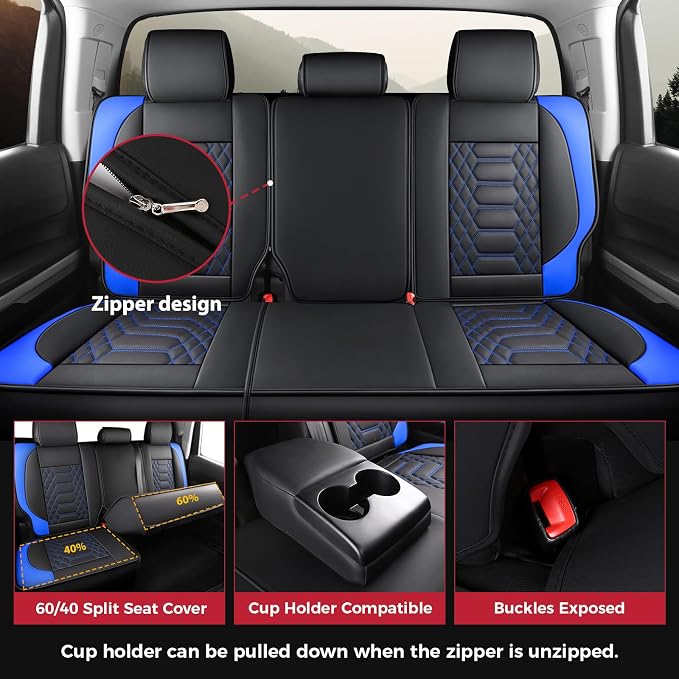 FREESOO Custom Leather for Toyota Tundra Seat Covers 2007-2013 Crewmax Cab | Fit for Crewmax Cab 5 Seats, Full Set, 60/40 Split Bench, Faux Leather, for Truck Toyota Tundra Accessories, BlackBlue - Image 4
