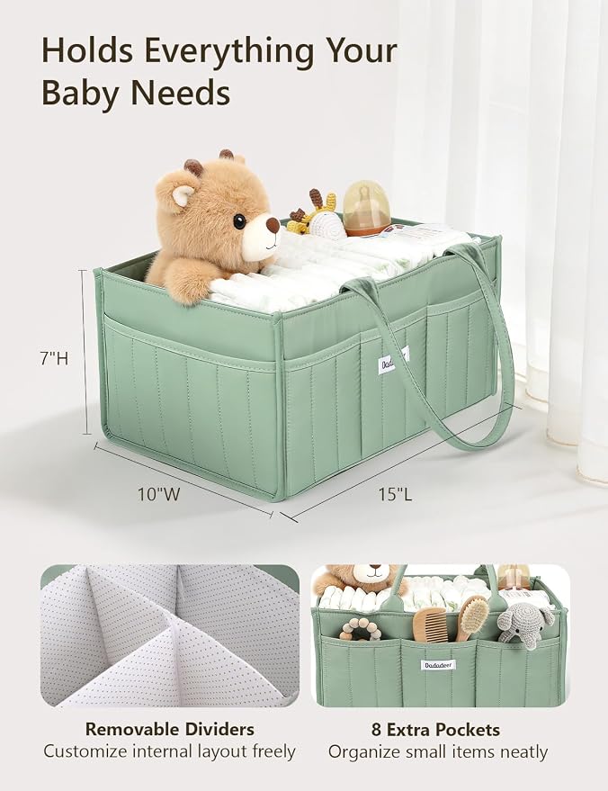 Quilted Diaper Caddy Organizer, Nursery Storage Basket with Dividers | Waterproof Caddy with Sturdy Handles, Portable for Changing Table or Car, Newborn Essentials, Baby Shower Gifts - Image 3