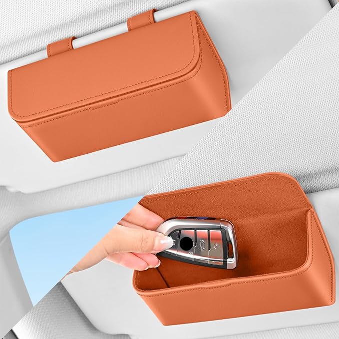 Universal Car Sunglasses Holder for Sun Visor, Premium Magnetic Leather Eyeglass Hanger Clip & Visor Organizer, Large Capacity Car Interior Accessories Fit for Women Men Orange - Image 6