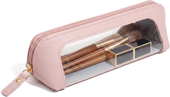 Clear Makeup Brush Bag Pouch,Waterproof PU Leather Portable Travel Makeup Bag with Transparent Window, Travel Essentials Pencil Case Organizer Pouch Car Accessories for Women Girls (Slim, Light Pink) by LETGO