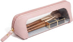 Clear Makeup Brush Bag Pouch,Waterproof PU Leather Portable Travel Makeup Bag with Transparent Window, Travel Essentials Pencil Case Organizer Pouch Car Accessories for Women Girls (Slim, Light Pink) by LETGO