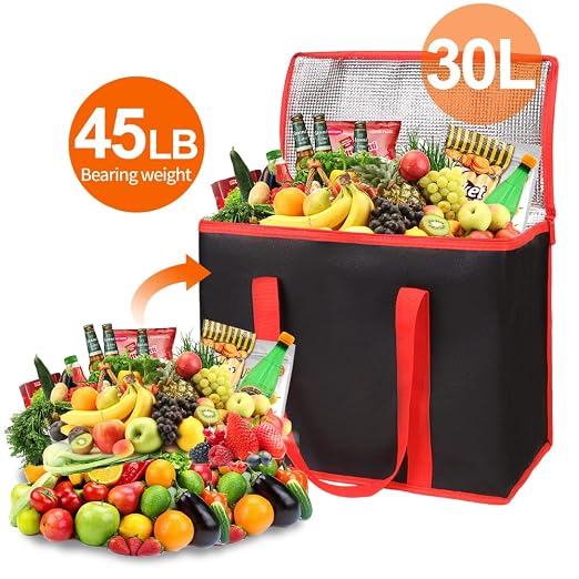 Bodaon 2-Pack Insulated Reusable Grocery Shopping Bags, X-Large Picnic Cooler Bag with Zipper Zippered Top Cold, Black with Red Edge - Image 4