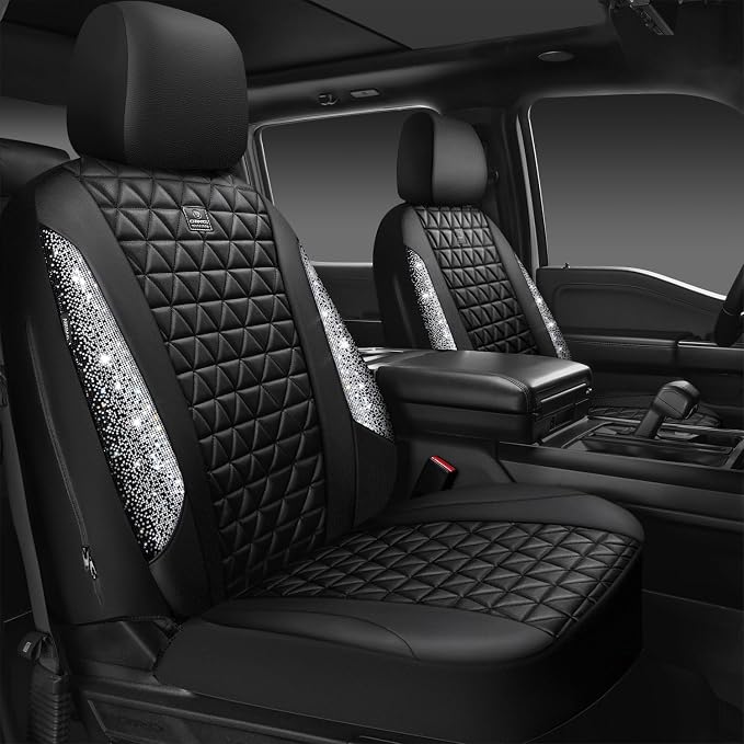 CAR PASS Bling Diamond Leather Car Seat Covers for 2 Front Interior Sets, Waterproof Shining Glitter Sparkly Crystal Universal Armrest Fit Automotive Truck SUV Cute Women Girl, Black Silver Rhinestone - Image 8