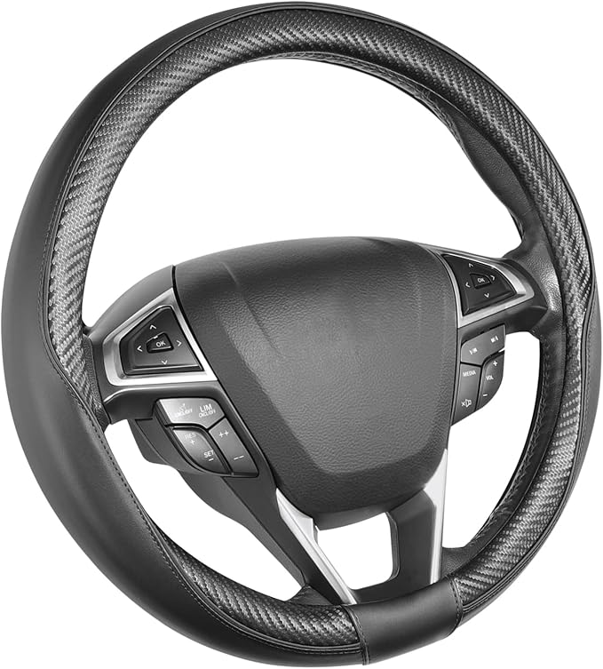 SEG Direct Steering Wheel Cover 14.5"-15" Heavy-Duty, Black Carbon Fiber | Standard Medium Size, Heavy-Duty Microfiber Leather with Carbon Fiber Pattern - Image 8