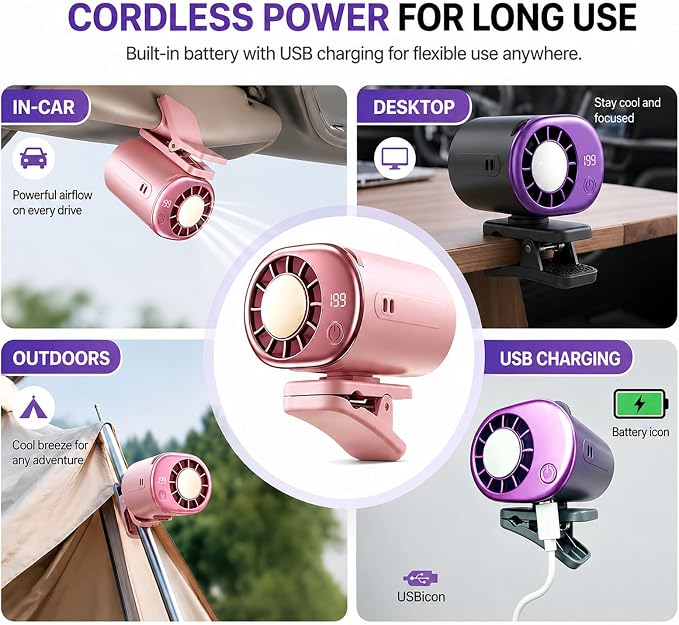 Clip on Fan, 360° Rotate Wearable Mini Fan, 199 Speeds LED Display | 4-in-1 clip fan for car seat, hat & waist. 199 speeds, LED display, 360° rotate, 2000mAh battery, lanyard included. - Image 2