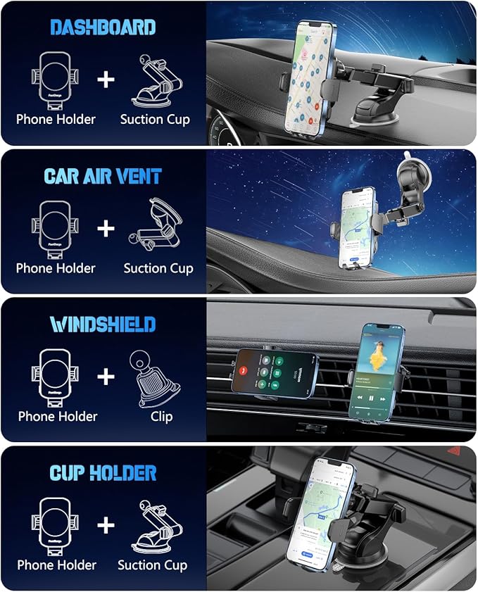 3-in-1 Wireless Car Charger Mount, 15W Fast Charging Auto-Clamping Phone Holder for iPhone 17 16 15 14, Samsung Galaxy S24 S23, Dashboard, Vent & Windshield Car Mount(Black) - Image 3