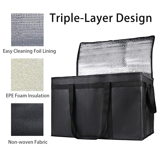 Bodaon 2-Pack Insulated Food Delivery Bag, XXXL Grocery Cooler Bag, Black | Catering Tote Insulation Bag for Hot and Cold Meal, Large Capacity Reusable Pizza Warmer Carrier for Picnic/Rideshare/Drivers - Image 5
