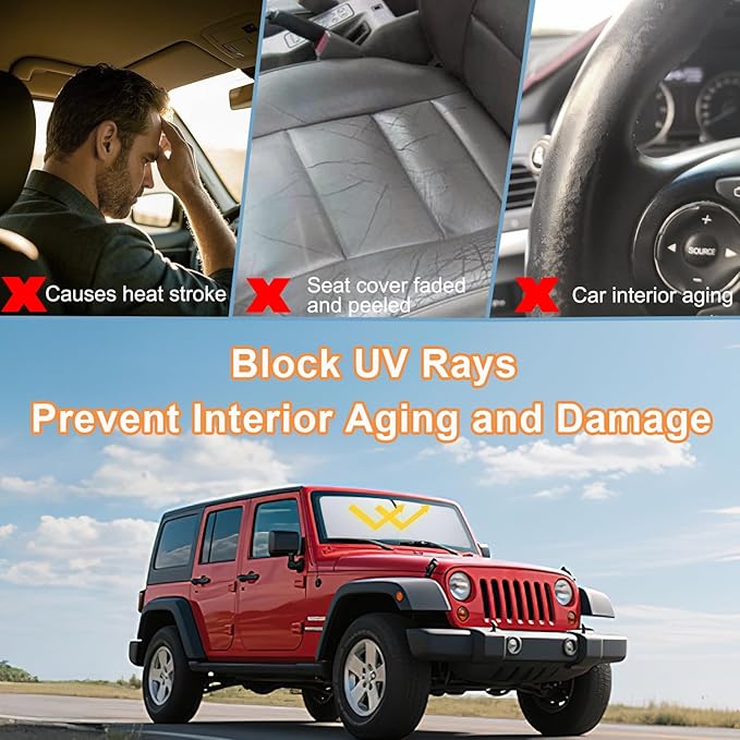 Windshield Sun Shade for Jeep Wrangler JK 2007-2018, Foldable Heat Shield with UV Protection, Custom Fit for 2/4 Door Models, Car Window Visor Accessories - Image 5