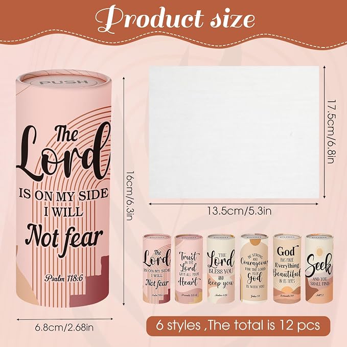 Outus 12 Pack Christian Car Tissues Cylinder Holder with Facial Tissue Bulk Round Bible Verses Napkins Container for Car Home Travel Prayer Church Gifts, 6 Designs - Image 3