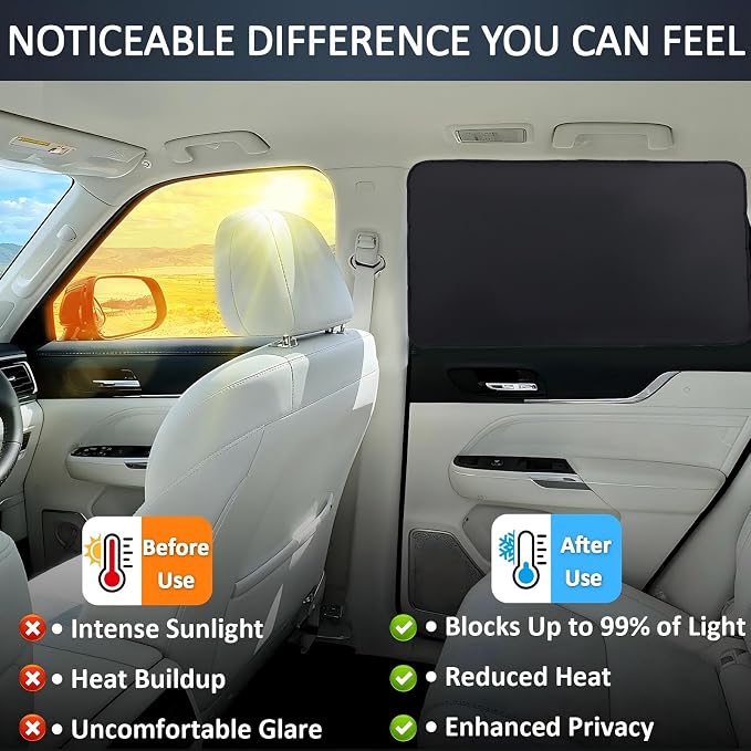 XCBYT Blackout Magnetic Car Window Shades for Rear Windows, 2 Pack | UV & Heat Protection, Magnetic Sun Shades for Baby Sleep, Privacy Nursing Covers, Fits steel frames only, measure first - Image 3