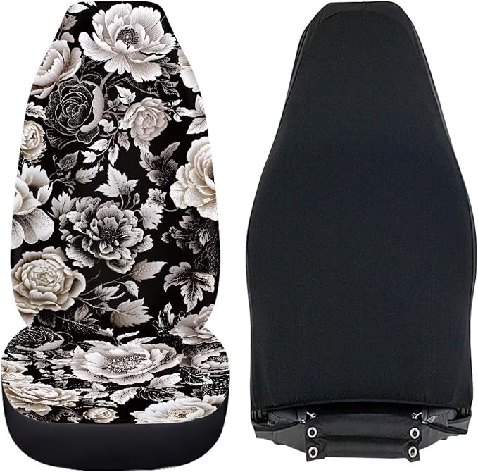 Black White Flower Universal Front Seat Covers, Pack of Two Easy to Install Fit for Trucks Vans SUV Sedans Automotive Comfortable - Image 5