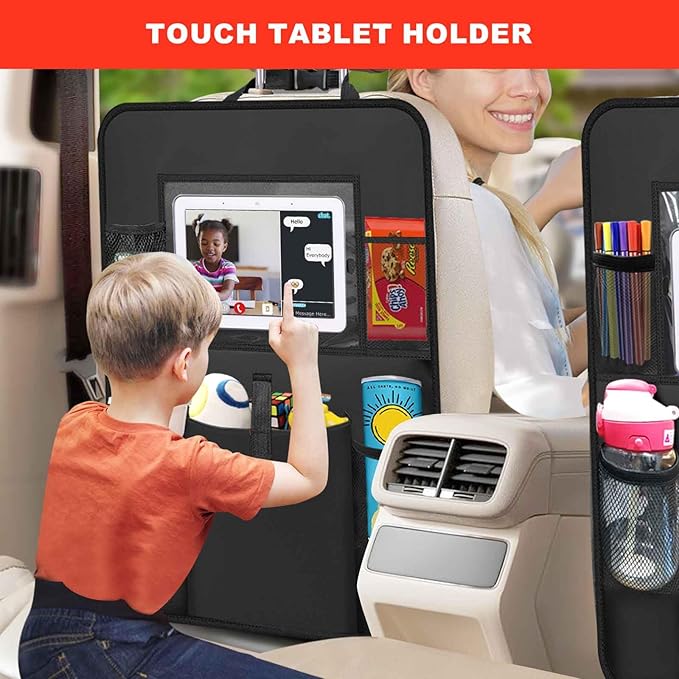 2 Pack Car Backseat Organizer with Touch Screen Tablet Holder,6 Storage Pockets Protectors Kick Mats,Car Back Seat Cover Protector Travel Accessories for Kids - Image 4