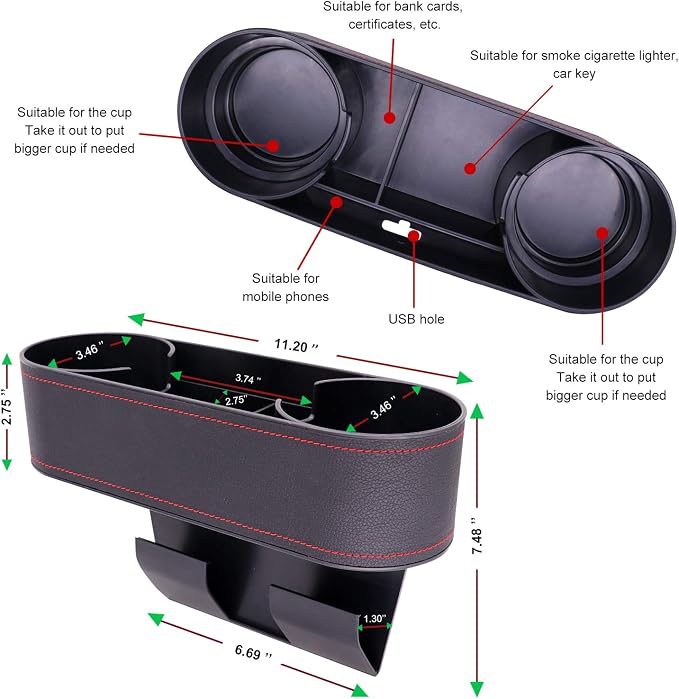 Car Console Side Seat Gap Organizer with Cup Holder, Black | Front Seat Organizer, Console Side Pocket, Cell Phone Holder, Coin Bucket, Car Storage Box, Universal Fits, Easy Installation - Image 3