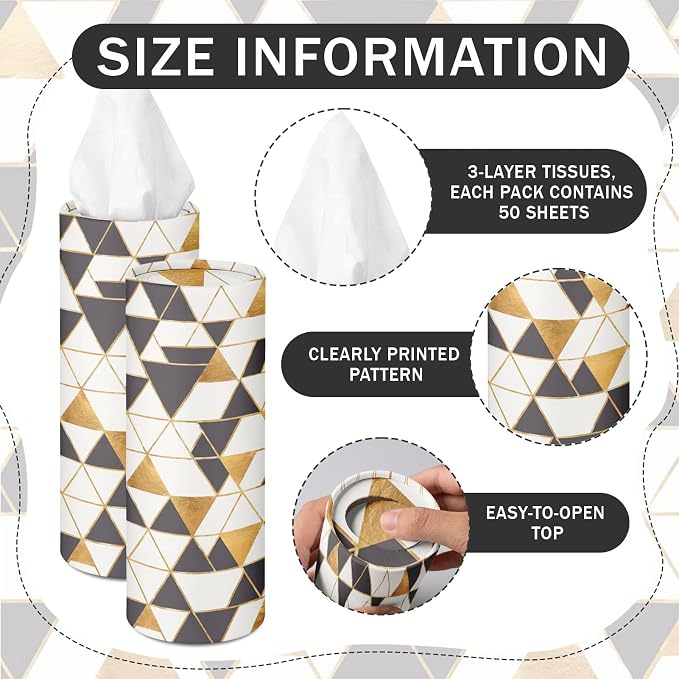 Arttown Car Tissue Holder for Cup Holder Facial Tissues 12 Pack Gold | Navy Bulk 3-Ply,Refillable Marble Print Cylinder Tissue Boxes,Fit Car Home Office School (600 Sheets Total,50 Sheets Each) - Image 3