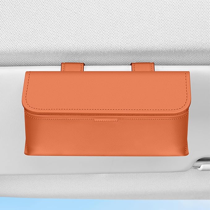 Universal Car Sunglasses Holder for Sun Visor, Premium Magnetic Leather Eyeglass Hanger Clip & Visor Organizer, Large Capacity Car Interior Accessories Fit for Women Men Orange - Image 3