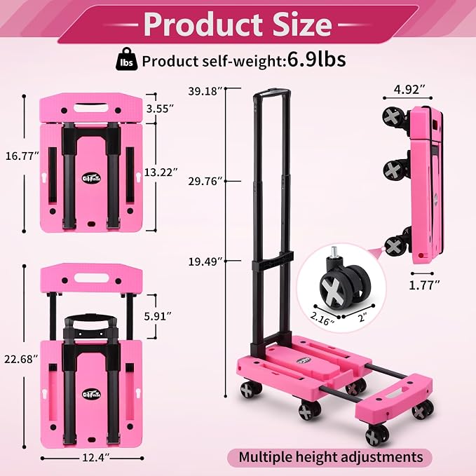 GtIiFmTe Foldable Hand Truck, Lightweight Luggage Cart for Airport Car Seat | Compact Folding dolly with Rotating swivel wheel,storage size12×15.7×4.1",300lbs Load,Upright Lock Handle with 3bungee cords - Image 2