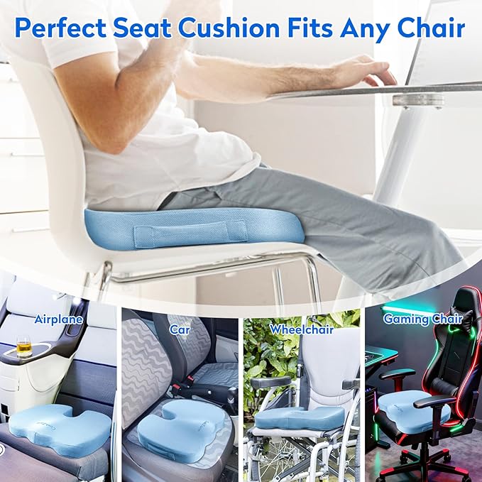 CushZone XL Memory Foam Seat Cushion for Office & Car, Light Blue | U-shaped Coccyx Cutout, Contoured Design, Breathable Removable Mesh Cover, Non-Slip Base, Carry Handle - Image 5