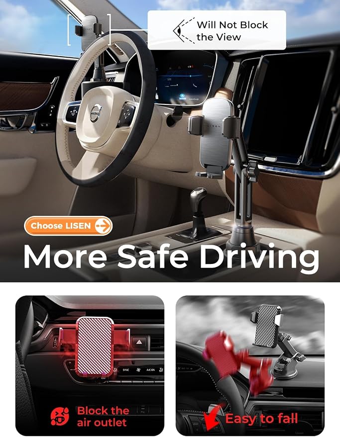 LISEN [Upgraded Version Cup Holder Phone Holder for Car, Universal 360° Adjustable Long Neck Car Phone Mount Golf Cart Truck Jeep, Compatible with iPhone Samsung Google & All 4.0-7.0 '' Phones - Image 5