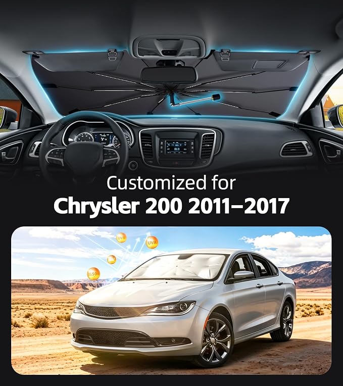 Windshield Sun Shade for Chrysler 200 2011-2017 with 360° Rotating Shaft | Custom Fit Umbrella Sunshade for UV Blocking, Interior Heat Protection, Easy Storage, UPF 50+ Cool Windshield Cover - Image 2