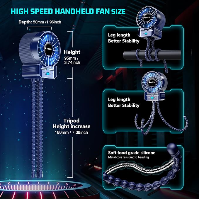 2 Pack Multifunctional Portable Stroller Fan 4 Speed 6600rpm High Speed Usb Rechargeable Personal Mini Handheld Fan Extended Tripod For Desktop Winding Kids Bed Treadmill Bike Golf Cart Outdoor Travel - Image 5