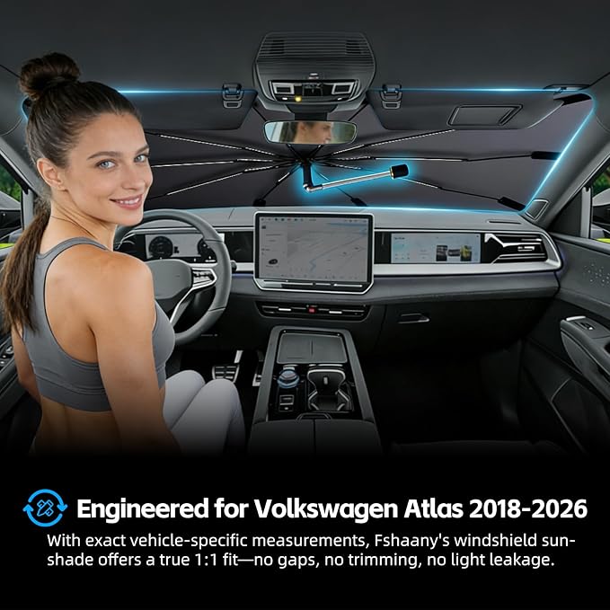 Windshield Sun Shade Umbrella for Volkswagen Atlas 2018-2026 Front Window | Heat-Reflective Window Shade, Umbrella Sunshade Cover Blocks Heat, Protects Interior, Vehicle-Specific Precision Fit - Image 2