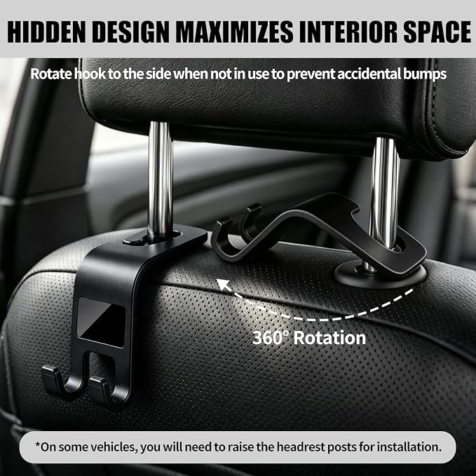 ZSDY Car Seat Headrest Hooks Heavy Duty Vehicle Back Seat Storage Organizer Hanger for Purse Grocery Bags Coat Universal Car Interior Accessories 2 Pack, Black - Image 3