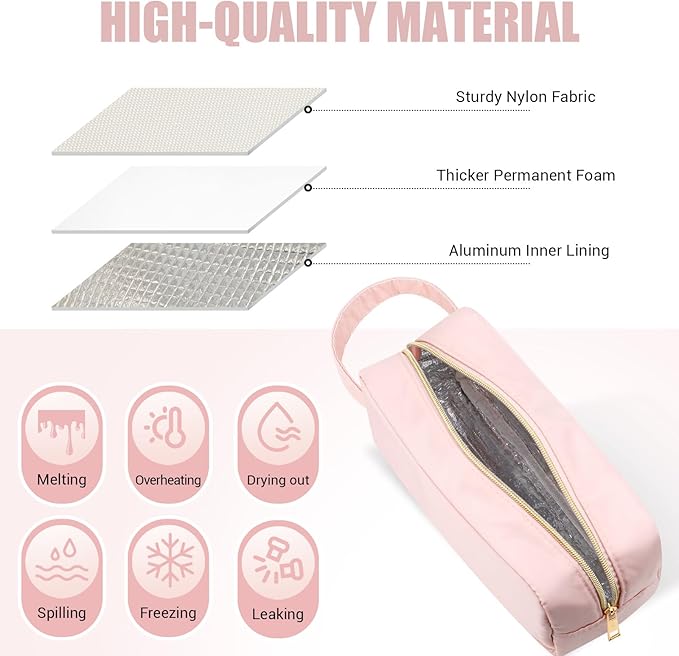 Kacctyen Insulated Makeup Bag for Car Women Cosmetics Bag Heat-resistant Travel Makeup Organizer Waterproof Skincare Case from Melting Freezing Winter Valentines Gift for Women(Medium,Portable,Pink) - Image 3